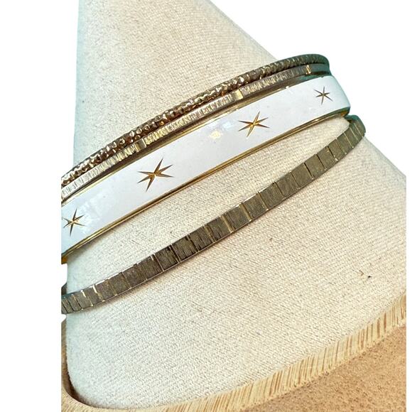 4 Gold Tone & White Enamel Bangle Bracelets Textured Stacking Set - Picture 3 of 6